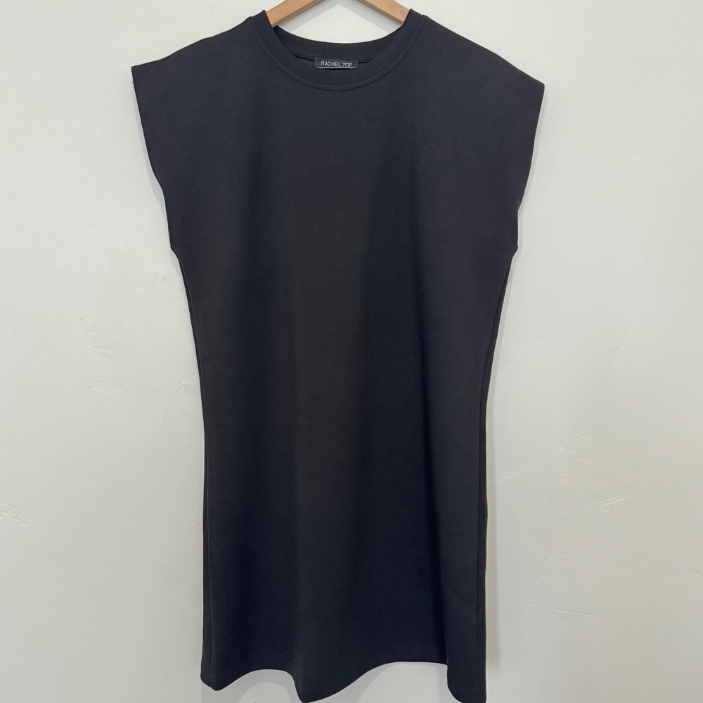Rachel Zoe Black Padded Shoulder Muscle Tee Mini Shift Dress Minimalist Boxy M